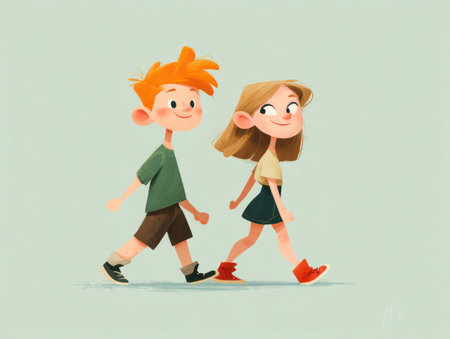 Two cartoon children walk side-by-side, depicted with a light, friendly style. They are wearing casual clothing and walking with animated expressions against a soft, plain background. The illustration uses bright colors, suggesting a cheerful atmosphere, and could be utilized for various educational or promotional materials.の素材