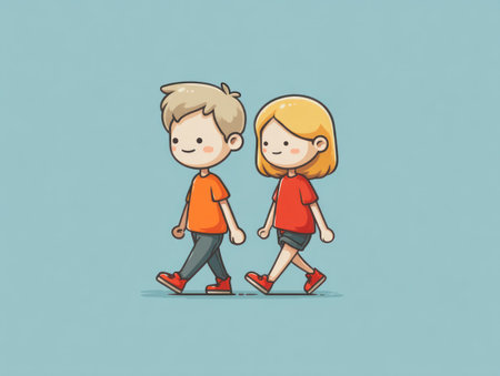 Two cartoon children, a boy and a girl, are depicted walking in a side-by-side composition. The characters wear casual attire in contrasting colors, standing out against a light blue backdrop. The illustration uses a simplified, clean style with soft lighting. Potential uses include educational materials, children's books, or social media content.の素材