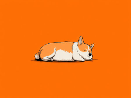 An illustrated corgi dog is depicted lying down against a vibrant orange backdrop. The image utilizes bold outlines and flat colors, showcasing a clean, modern aesthetic. The dog's pose suggests relaxation, possibly suitable for designs related to leisure and pets, or various commercial projects.の素材