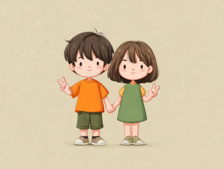 Two cartoon children stand together, holding hands and displaying peace signs. They wear bright clothing against a neutral backdrop. The digital illustration showcases soft textures and a friendly style. Suitable for various projects, including educational resources and illustrative content.の素材