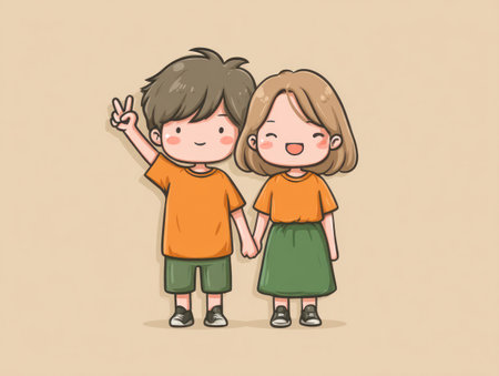 This cartoon illustration depicts a young couple smiling and holding hands, set against a neutral background. The image presents a clean and colorful style, with simplified shapes and soft shading. It is suitable for use in various projects, including educational resources, children's books, or illustrative designs.の素材