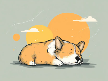 An illustrated corgi dog is shown sleeping peacefully. The design features warm orange and tan tones for the dog. The composition includes simple, round shapes in the background, suggesting a relaxed atmosphere. This image could be used for various projects needing a cute, cartoon-style illustration.の素材