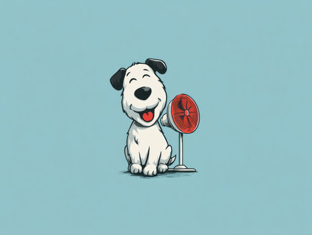 An illustrated dog sits smiling beside a fan with a red blade. The artwork features a clean, simple style with white and black details against a solid blue backdrop. This graphic may be used in commercial design for various purposes. The illustration employs a cartoon style.の素材