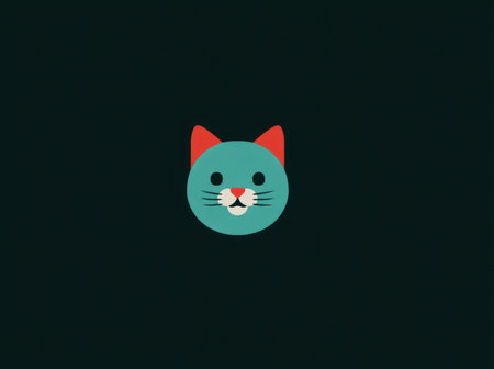 A cartoon cat head is centered against a dark background, featuring a simplistic design with teal and red colors. The image is flat and graphic, with clean lines and a minimalist style. This visual could be utilized in various commercial projects, including website design and graphic illustrations.の素材