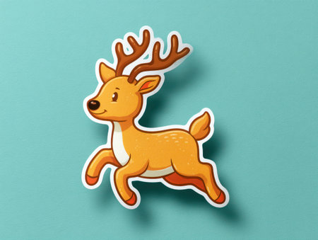 This illustration showcases a cartoon deer in a jumping pose, featuring brown antlers and an orange body with white outlines. The design has a smooth, digital art style, set against a turquoise background. Suitable for various applications, this image could be employed in children's media or seasonal holiday designs.の素材