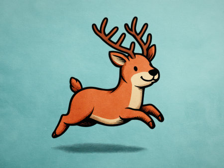 An illustration depicts a cartoon deer mid-leap, showcasing a friendly expression. The animal features brown fur, prominent antlers, and is set against a soft blue backdrop. The style is illustrative, with clear lines and vibrant colors. Suitable for various projects, it offers potential for both commercial and editorial applications.の素材