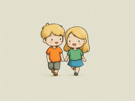 Two cartoon children walk hand-in-hand against a plain background. They wear bright colored clothing and exhibit a simple illustrative style. The image employs soft lighting and a light color palette, possibly suggesting a friendly relationship. This image could be suitable for diverse commercial applications.の素材