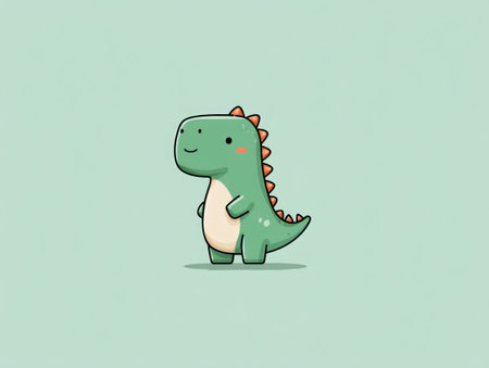 A cartoon dinosaur is depicted against a pastel green backdrop. The illustration showcases the creature in a simplified style, with a green body, orange spines, and a light-colored belly. The composition employs soft lighting and a minimalist approach, suitable for various design projects and commercial applications.の素材