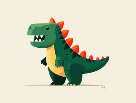 This colorful illustration presents a cartoon dinosaur. The image showcases a friendly, smiling dinosaur in green, orange, and yellow. The style appears flat and graphic, with a clean design. Suitable for children's content, educational materials, or use in various creative projects. The background is a soft beige color.の素材