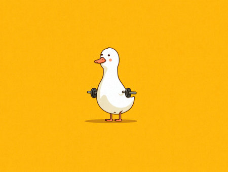 A cartoon illustration presents a white duck in a minimalistic style, holding two dumbbell weights. The duck is set against a solid yellow background, enhancing the simplicity. The composition and color scheme suggest a focus on clean design. Suitable for various creative projects and commercial applications.の素材