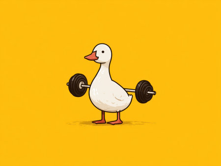 A cartoon duck is depicted lifting weights against a solid yellow background. The image features a clean, simple style with bright colors and minimal detail. It could be suitable for various uses, including educational materials, children's content, or visual elements related to fitness and well-being.の素材