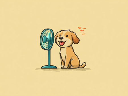 An illustration depicts a smiling dog sitting beside a cooling fan. The artwork utilizes a simplified style with soft colors and clear outlines. The composition is centered, presenting the dog and fan against a plain background. This image is suitable for various commercial purposes, including use in educational materials or advertising.の素材