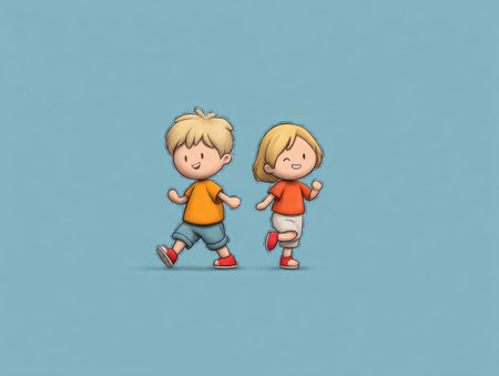 Two cartoon children are depicted walking together against a plain blue background. They are wearing colorful clothing and appear cheerful. The image has a clean, simple style with soft shading and a bright, inviting palette. This illustration might be suitable for educational materials or children's content.の素材