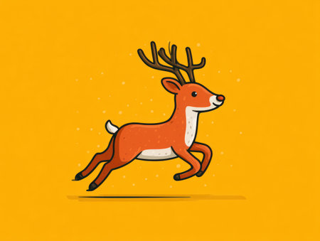 A cartoon illustration showcases a deer in mid-leap, depicted with bold outlines and vibrant colors against a solid yellow backdrop. The style is reminiscent of animation art, with clean lines and a cheerful aesthetic. This image may be suitable for various design projects, including educational materials and promotional content.の素材