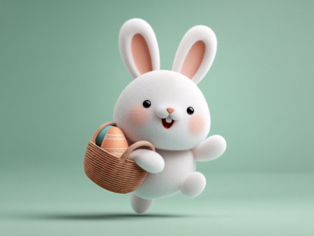 A cartoon bunny, white with pink ears, carries a woven basket with a decorated egg. The image features soft lighting and a light green backdrop. The illustration is likely suitable for holiday-themed advertising, greeting cards, or children's educational materials.の素材