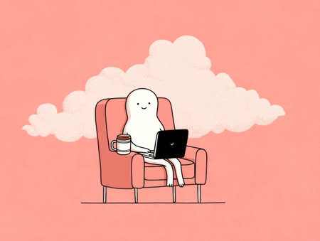 An illustrated figure sits in a soft armchair, focused on a laptop. A coffee cup rests nearby. The composition features soft pink hues and a cloud backdrop, suggesting a relaxed environment. The image's clean style makes it suitable for use in various commercial and editorial applications.の素材