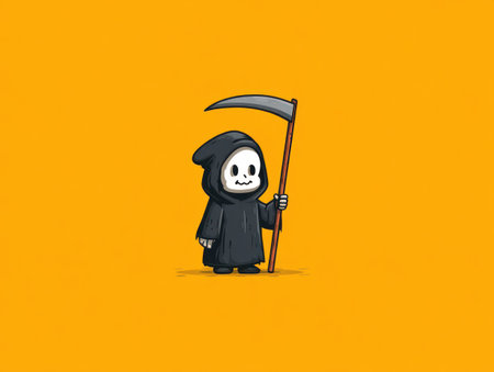 A cartoon illustration depicts a small Grim Reaper character with a scythe against a vibrant orange backdrop. The character is dressed in a dark robe with a hood. The composition is simple, with flat colors and clean lines, creating a playful yet slightly eerie visual. Suitable for various design projects and commercial applications.の素材