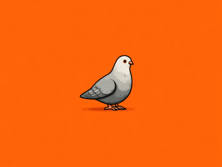 A cartoon pigeon is depicted against a vivid orange backdrop. The bird, with gray feathers, a white head, and a black outline, stands in a simple illustrative style. The composition, featuring a minimalist design, and an open area, might be suited for various commercial projects and editorial needs.の素材