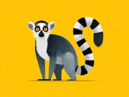 A cartoon lemur is depicted against a bright yellow background. The animal features a grayscale body, contrasting with its black and white striped tail. The illustration style is simple, with flat shading and clean lines. Suitable for various applications, including advertising, educational content, and design projects.の素材