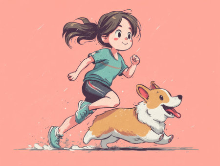 A cartoon illustration depicts a young girl running alongside a corgi dog. The image showcases simple, clean lines and pastel colors. The composition is dynamic, suggesting movement and energy. This vector art could be used for various purposes, including children's books, educational materials, and advertising.の素材