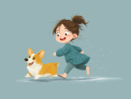 An illustration features a young girl joyfully running alongside a dog. The artwork exhibits a cartoon style with soft textures and a limited color palette including blues, browns, and whites. The composition may be suitable for children's books or designs related to family and pets, suitable for commercial or editorial applications.の素材