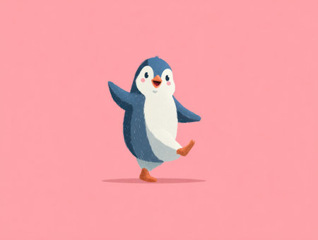 A cheerful cartoon penguin is depicted dancing against a solid pink backdrop. The illustration features a stylized penguin with blue, white, and orange coloring. The artwork utilizes a simplified design aesthetic, suggesting a playful or whimsical atmosphere suitable for a variety of creative and commercial applications.の素材