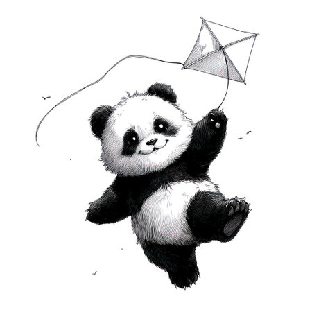 This illustration showcases a cheerful panda joyfully flying a kite. The image presents a black and white color scheme with detailed textures. The composition is simplified, set against a plain background, and employs soft lighting. It is suitable for diverse commercial applications and editorial content.の素材