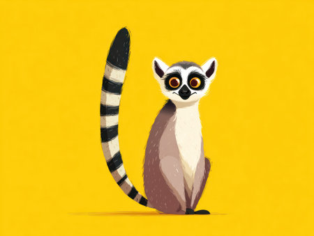 A cartoon lemur is depicted against a vivid yellow backdrop. The animal features distinctive markings, including a striped tail, and is captured in a stylized manner. The illustration showcases bold colors and clean lines, suitable for various applications such as educational materials or decorative elements. The image is ideal for commercial or editorial usage.の素材
