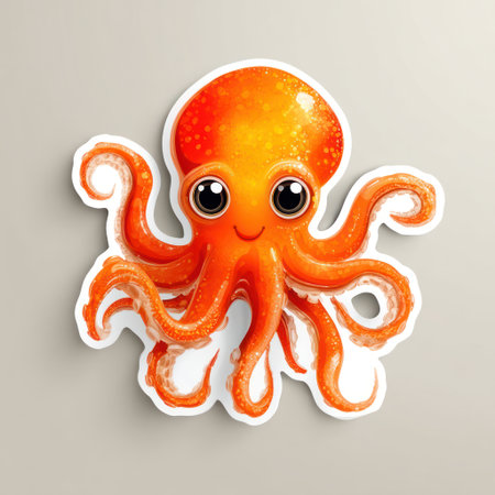 A cartoon illustration presents an orange octopus with large eyes and a friendly expression. Its tentacles curl playfully, and the overall style is simple, possibly a sticker or design element. The vibrant color and smooth textures suggest digital artwork suitable for various applications. It might be ideal for children's books or educational content.の素材