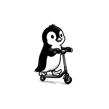 This black and white illustration depicts a charming cartoon penguin riding a scooter. The image features a simple design with distinct outlines and shading, creating a playful aesthetic. It is suitable for a variety of uses, including educational materials, children's books, or decorative elements.の素材