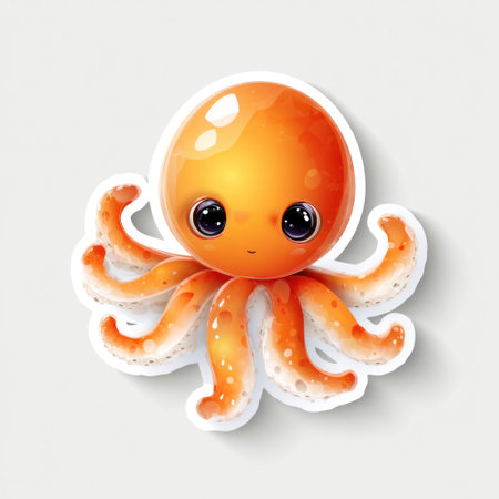 This illustration depicts a cheerful cartoon octopus in shades of orange with large, expressive eyes. The creature is presented against a clean white background, creating a bright and inviting image. It uses a soft lighting style. The illustration can be used for various design projects and commercial applications.の素材