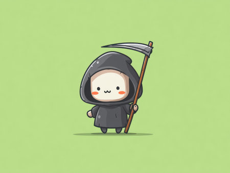 A cartoon Grim Reaper character stands holding a scythe, its dark robe contrasting against a light green background. The illustration uses a simplified, playful style with rounded features. This image may be suitable for animation projects, social media content, or various design applications, offering a lighthearted take on a well-known concept.の素材