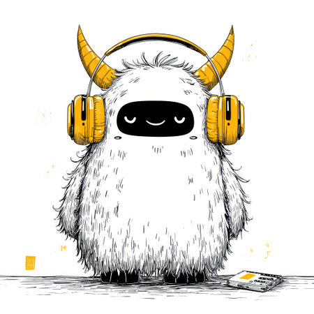 An illustrated monster with yellow headphones appears to be enjoying music. Its white fur contrasts with the black features and the yellow accents. The illustration is likely created in a digital style, with clean lines and a simple composition. Suitable for various applications in advertising, design, and editorial content.の素材