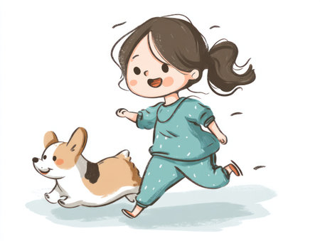 An illustrated depiction shows a young girl joyfully running alongside a small dog. The artwork features soft colors and a simple, cartoon style. The scene is presented against a plain white backdrop. Suitable for various design projects, it could be used in educational materials or children's products.の素材