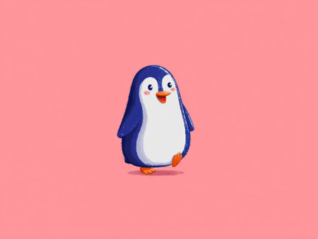 A cartoon illustration depicts a penguin with blue and white plumage, walking across a soft pink backdrop. The image features a rounded style, cheerful expression, and bright coloring. It is suitable for use in children's media, educational materials, and various design projects requiring a friendly, animated aesthetic.の素材
