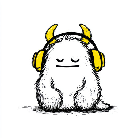 A cartoon illustration features a white, furry monster with yellow headphones. Its eyes are closed, suggesting it is listening to music. The artwork uses black lines to define the form and texture, and the background is plain white. It could be used for educational materials, website graphics, or social media content.の素材