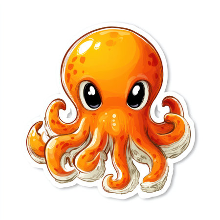 An illustration features a cartoon octopus in vibrant orange hues, set against a clean white backdrop. The image showcases rounded shapes, soft textures, and detailed shading. It could be used in design, educational materials, or various commercial projects.の素材