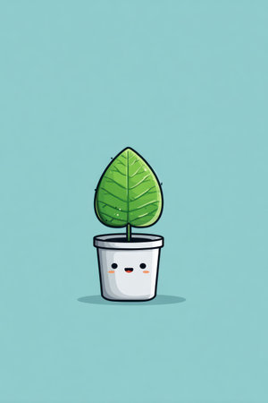 A cartoon illustration showcases a small plant with a green leaf in a white pot, set against a turquoise background. The image presents a clean vector style with soft lighting and a minimalist design. Suitable for use in various commercial and editorial applications, offering a fresh visual concept.の素材
