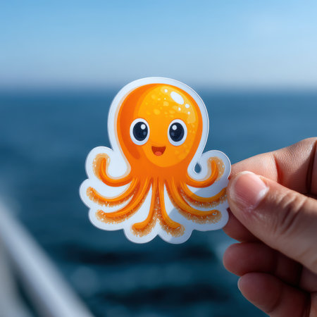 A cartoon octopus sticker, orange in color, is held up in front of a blurred ocean. The sticker is stylized with white accents. The background suggests a bright, sunny day. This image might be suitable for various creative or promotional purposes, potentially for design or print materials.の素材
