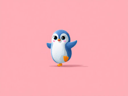 A cartoon penguin is the main subject against a solid pink background. The illustration features soft coloring and smooth gradients, depicting the penguin in a dynamic pose. It's lit with soft, overhead lighting and utilizes copy space. This image is suitable for use in various commercial and editorial projects.の素材