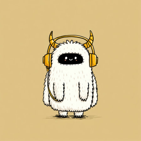 An illustrated cartoon monster is depicted on a plain background. The furry creature has large headphones. The image uses a limited color palette. It may be suitable for advertising, educational content, or other creative projects. The style is simple and graphic with flat lighting.の素材