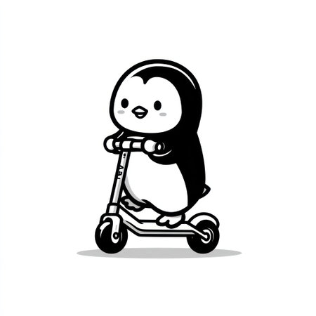 A cartoon penguin is depicted riding a scooter against a simple white backdrop. The illustration uses black and white colors, creating a clean graphic. This vector design offers a playful aesthetic with its simplistic style. It could be suitable for various design projects, including educational resources or children's content.の素材