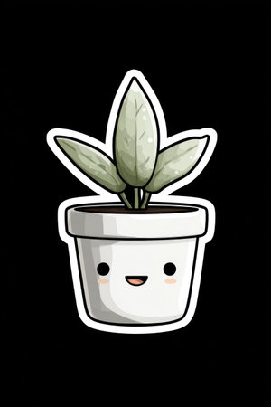 An illustrated plant in a white pot features a cheerful face and light green leaves. The stylized design against a solid black background presents a simple, clean composition. The image could be suitable for various design projects, including educational resources or decorative elements.の素材