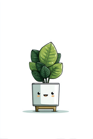 A cartoon illustration showcases a potted plant with large green leaves and a smiling face on the pot. The image features clean lines and bright colors against a white background, suggesting a digital artwork. It could be suitable for various uses, including educational materials, design projects, and decorative purposes.の素材