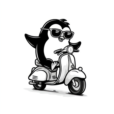 An illustrated penguin character, wearing sunglasses, is depicted riding a classic scooter against a clean white backdrop. The graphic style is modern and stylized with strong outlines and a limited color palette. The image employs simple shading and highlights. Suitable for advertising campaigns or illustrative content requiring a cheerful theme.の素材