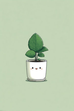 A cartoon plant in a white pot is set against a soft green backdrop. The plant features vibrant green leaves, and the pot has a friendly face. The design uses soft colors and a clean style. Suitable for various applications, including print and digital content, this image may be used for educational, or decorative purposes.の素材