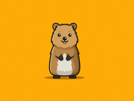 A cartoon illustration showcases a quokka character centered against a solid yellow backdrop. The quokka, depicted with brown and white fur, has a smiling expression. The design utilizes bold outlines and flat colors, offering a simplified aesthetic suitable for various applications, including commercial and educational projects.の素材