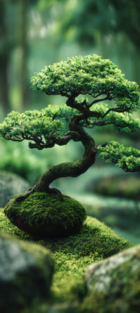 A bonsai tree is showcased in a verdant garden setting. The tree features a twisted trunk and vibrant green foliage, set against a blurred background of green vegetation. The scene is illuminated by natural light, creating a serene and natural ambiance suitable for various commercial or editorial applications.の素材
