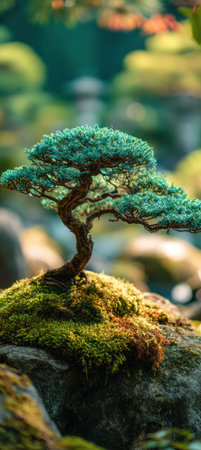 A close-up captures a bonsai tree perched on a mossy rock. The tree's vibrant green foliage and twisting trunk stand out against a blurred backdrop. The image is likely taken outdoors, possibly in a garden or natural environment. This photograph could be used for various commercial or editorial purposes.の素材