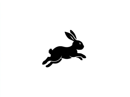 A silhouette of a rabbit in mid-leap is set against a clean white backdrop. The image utilizes a bold black and white color scheme. The composition appears minimalist. It can be suitable for a range of uses, including illustrations, graphic design, and promotional materials. The rabbit is a symbol of speed and agility.の素材